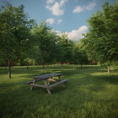 Obraz premium Outdoor Picnic Table in Green Park with Trees and Sunshine