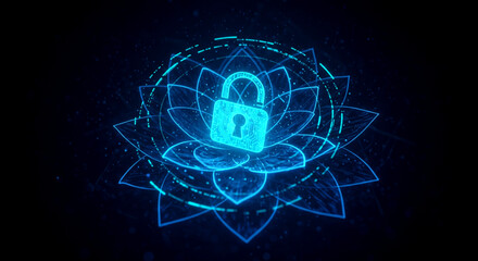 Glowing blue padlock surrounded by lotus flower and hud elements on dark background, symbolizing cybersecurity awareness and protection.
