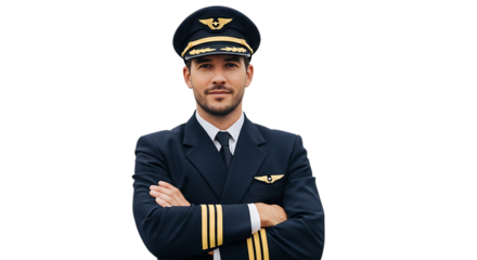 Confident airline pilot in uniform with crossed arms, ready for flight, professional aviator posing with pride and authority.