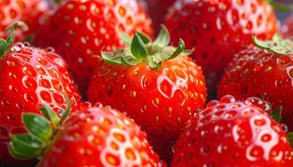 A close-up shot showcasing ripe strawberries, with water droplets adorning their surfaces. Each berry?s texture and details are accentuated