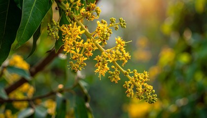 Close-up of delicate yellow blossoms on a branch, backlit by warm sunlight