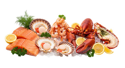Obraz premium Fresh, vibrant seafood platter featuring whole lobsters, juicy shrimp, succulent salmon fillets, and delicate scallops with lemon and herbs