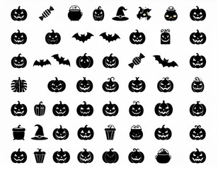 Halloween icons (pumpkins, bats, witches, candy).
