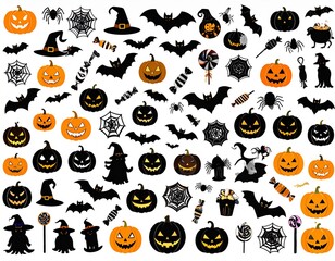 Fototapeta premium Halloween icons (pumpkins, bats, witches, candy). 