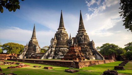 Ayutthaya's ancient temple complex under a partly cloudy blue sky in Thailand