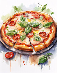 Watercolor painting of a pizza with tomatoes and basil. Generative AI