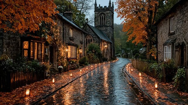 Parish Church of All Saints in Ashover, Derbyshire, England, captured at dusk with lit candles and autumn foliage