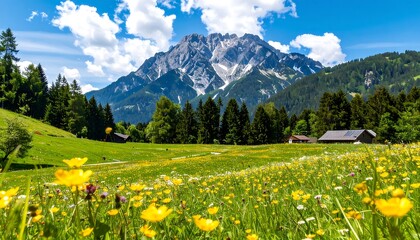 Alpine Meadow Yellow flowers bloom in a field under mountains, evergreens, and blue sky