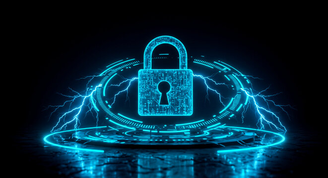 Glowing blue padlock surrounded by a cybersecurity hud with lightning bolts, symbolizing online security and Cybersecurity Awareness Month on a dark background.