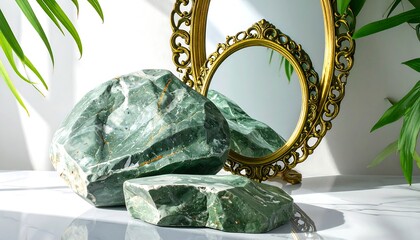 Green-veined stone pedestals are staged against a mirror and tropical plant fronds