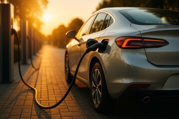 Hyper-realistic advertisement banner for electric car charging station at sunset