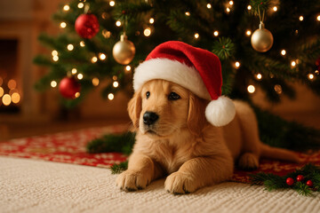 Golden retriever puppy wearing Santa hat in festive atmosphere under Christmas tree