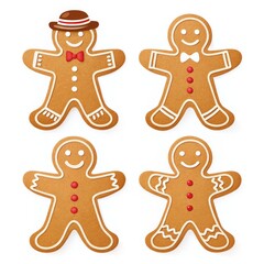 Fototapeta premium Four gingerbread man cookies with icing isolated on white background