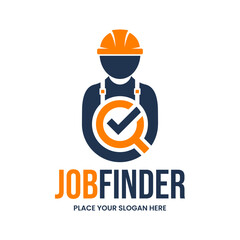 Job finder logo design featuring a professional engineer in a helmet with a check mark. Ideal for recruitment agencies, career portals, and construction job boards. Simple & modern.