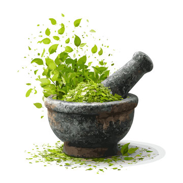 Mortar and Pestle with Fresh Crushed Herbs