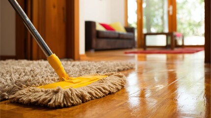 Close-Up View of a Cleaning Mop on a Wooden Floor in a Bright Living Room with Natural Light and Minimalist Decor