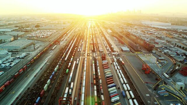 Aerial view of a vast train yard filled with cargo containers at sunrise