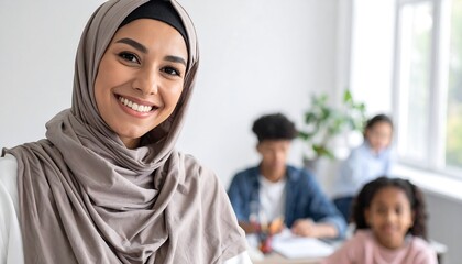 Smiling woman in hijab, children in background