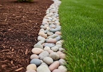 Garden edging with stones and mulch