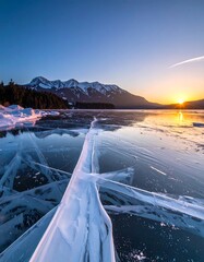 Frozen lake sunrise, mountain backdrop