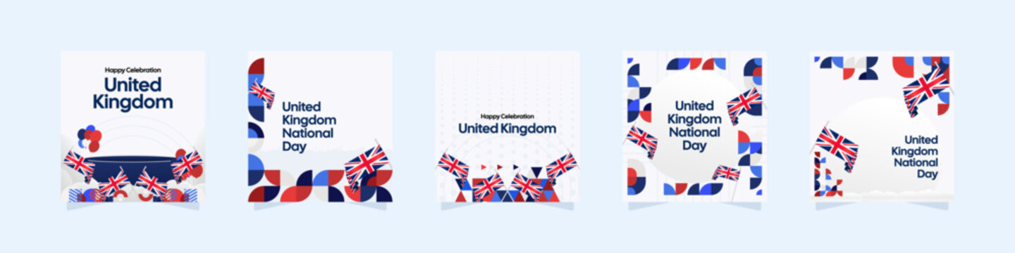 United Kingdom template set. National celebration themes poster with Union Jack flags and colorful geometric design. Festive background ideal for social media post, cover, greeting card, and events.