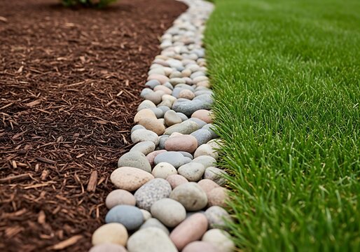 Garden edging with stones and mulch