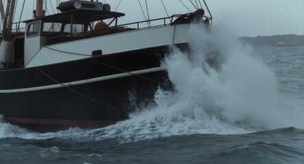 Naklejka premium Stormy seas engulf a vintage fishing boat