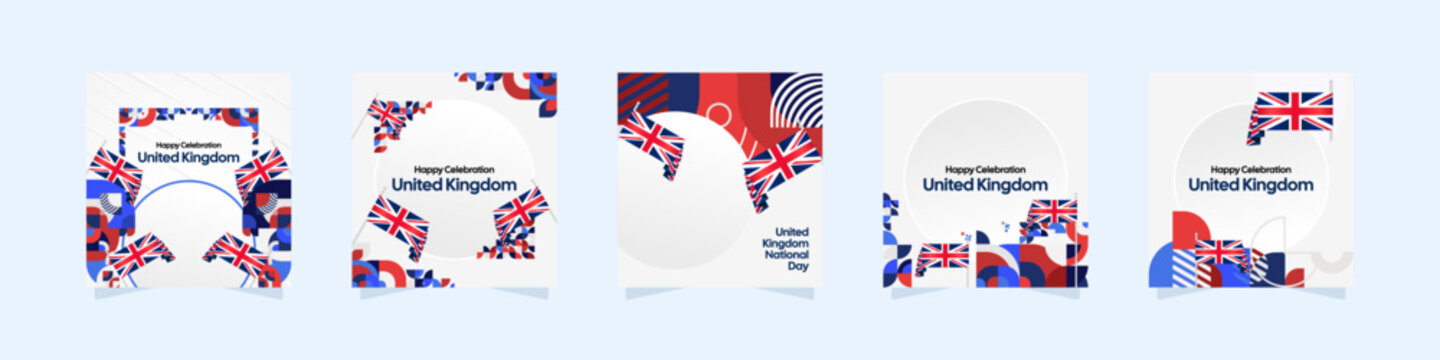 United Kingdom template set. National celebration themes poster with Union Jack flags and colorful geometric design. Festive background ideal for social media post, cover, greeting card, and events.