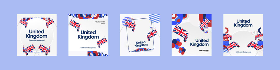 United Kingdom template set. National celebration themes poster with Union Jack flags and colorful geometric design. Festive background ideal for social media post, cover, greeting card, and events.