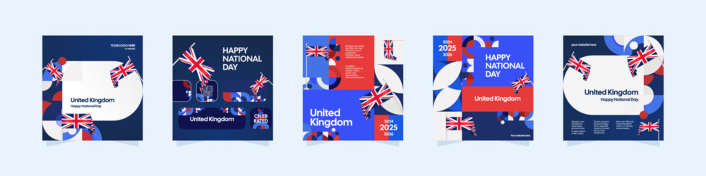 United Kingdom template set. National celebration themes poster with Union Jack flags and colorful geometric design. Festive background ideal for social media post, cover, greeting card, and events.