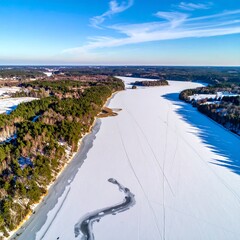 Frozen lake with forest shoreline