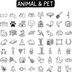 Hand-drawn Black and White Doodle Icon Set of Animals and Pet Supplies, featuring various domestic and wild animals with their accessories, food, and housing.