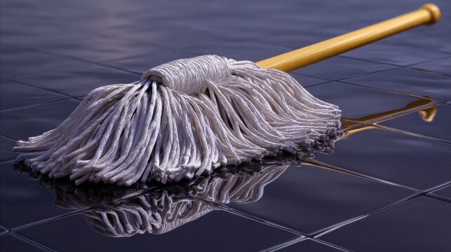 A close-up shot of a mop resting on glossy black tiles, showcasing reflections and details of cleaning equipment in a home environment for cleaning and maintenance purposes