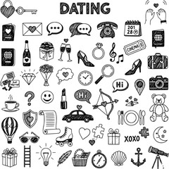 Naklejka premium Hand-drawn Dating and Love Icons Set: Sketchy Doodles of Romantic Activities, Relationship Symbols, and Engagement Elements for Valentine's Day