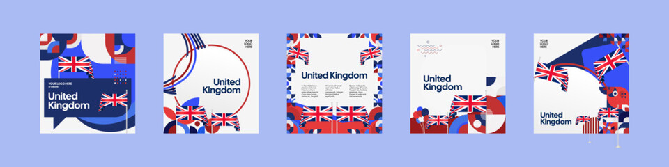 United Kingdom template set. National celebration themes poster with Union Jack flags and colorful geometric design. Festive background ideal for social media post, cover, greeting card, and events.