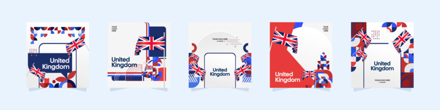 United Kingdom template set. National celebration themes poster with Union Jack flags and colorful geometric design. Festive background ideal for social media post, cover, greeting card, and events.