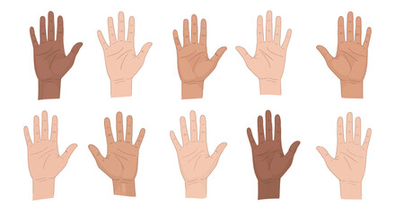 A set of ten illustrated human hands with diverse skin tones, palms open, symbolizing multiculturalism, equality, and unity.
