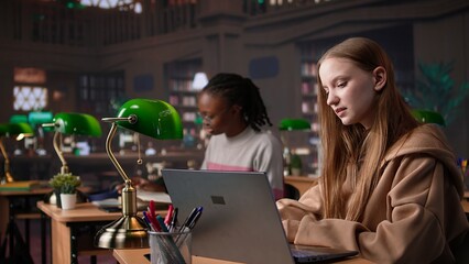 Young scholar focuses on exam preparations in the campus library with colleague, takes notes on laptop from reference books in a peaceful study setting. Girl uses the database materials. Camera B.