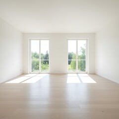 Obraz premium A bright, empty room with two large windows showcasing a verdant outdoor view. Light hardwood floors and white walls create a minimalist, spacious feel.
