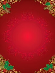 Elegant red christmas background with golden ornaments and holly decorations