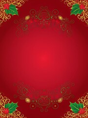 Beautiful red christmas background with golden ornaments and holly decorations