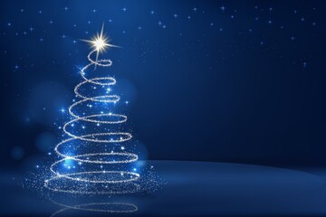 Sparkling christmas tree on blue background with stars and bokeh lights