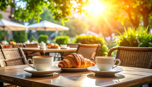 Sunlit cafe scene with coffee and pastries - Powered by Adobe