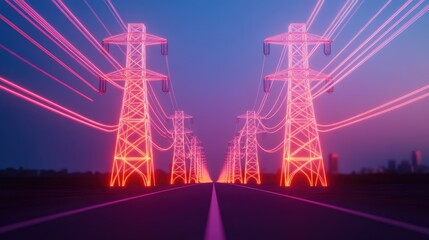 Neon Power Lines Towers, Electricity Transmission Grid