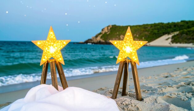 Star-shaped lights on beach at twilight