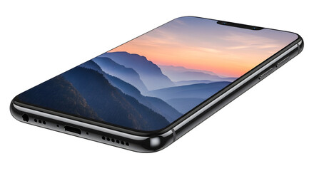Sleek frameless mobile phone displaying vibrant mountain vista at sunset, showcasing crisp detail and visual technology, captivating digital display