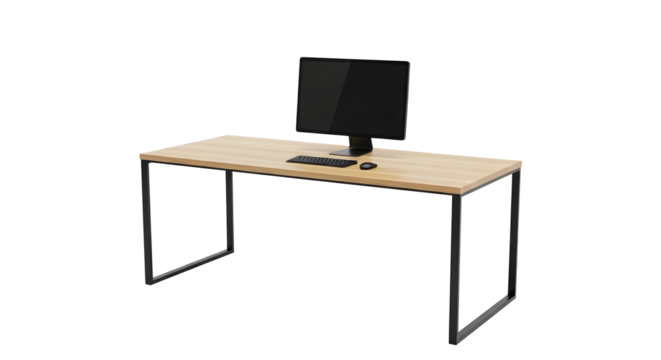 Modern minimalist office desk setup for focused work, featuring sleek monitor, keyboard, and mouse, creating a clean and professional workspace aesthetic