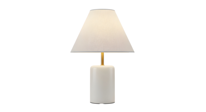 Modern desk lamp with white shade and gold accent, casting a warm glow, perfect for stylish interiors, add a touch of elegance to your designs