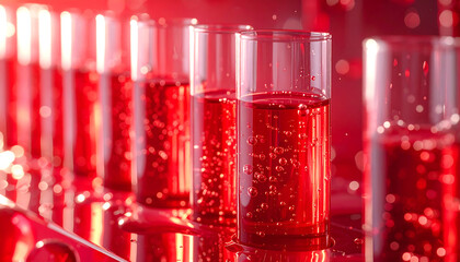 液体の赤い輝きと気泡が試験管内に広がる科学的シーン