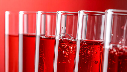 赤い液体を流し込んだ試験管とガラスが輝く実験的構図